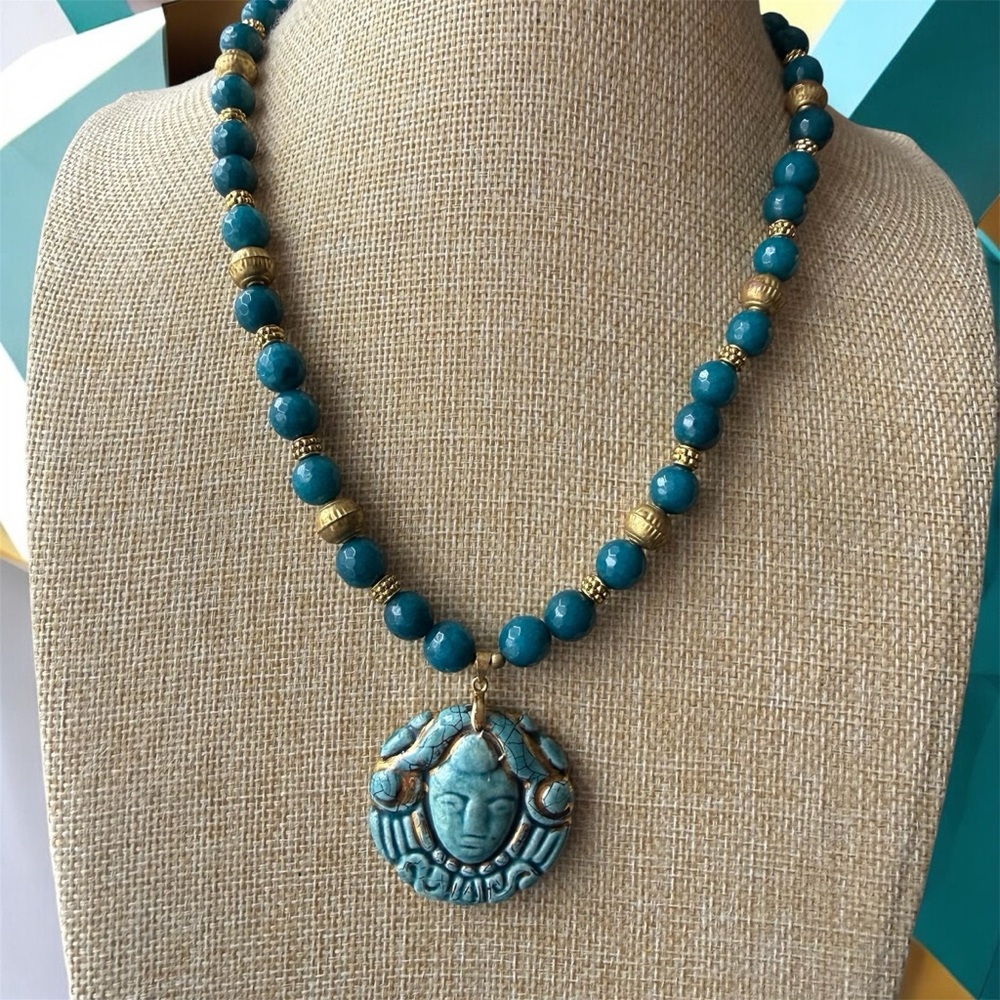 Apatite Beaded Necklace with Vintage Asian Button Pendant.